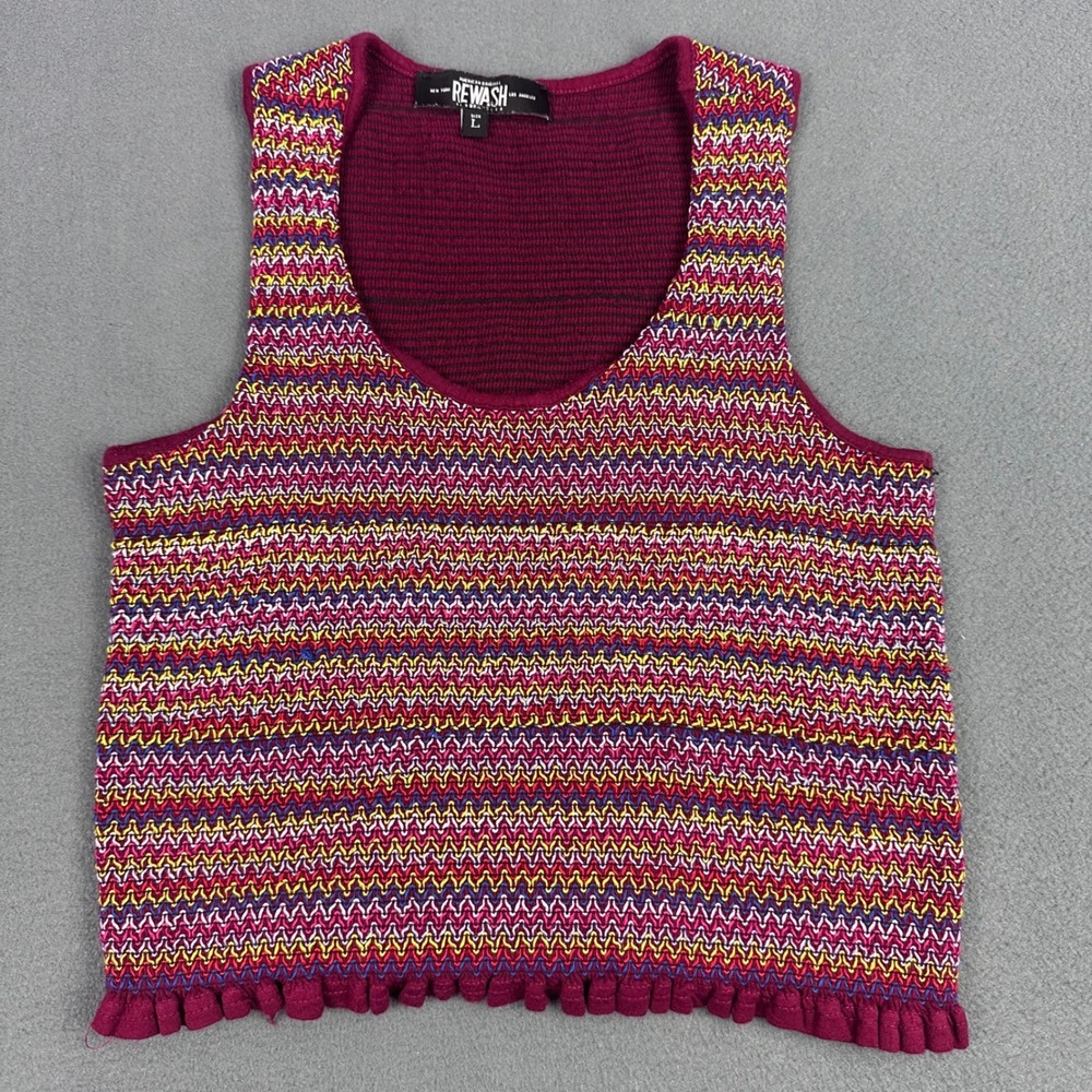 Rewash Knit Tank Top Large Multicolor Chevron Ruffle Hem Sleeveless Crop Scoop